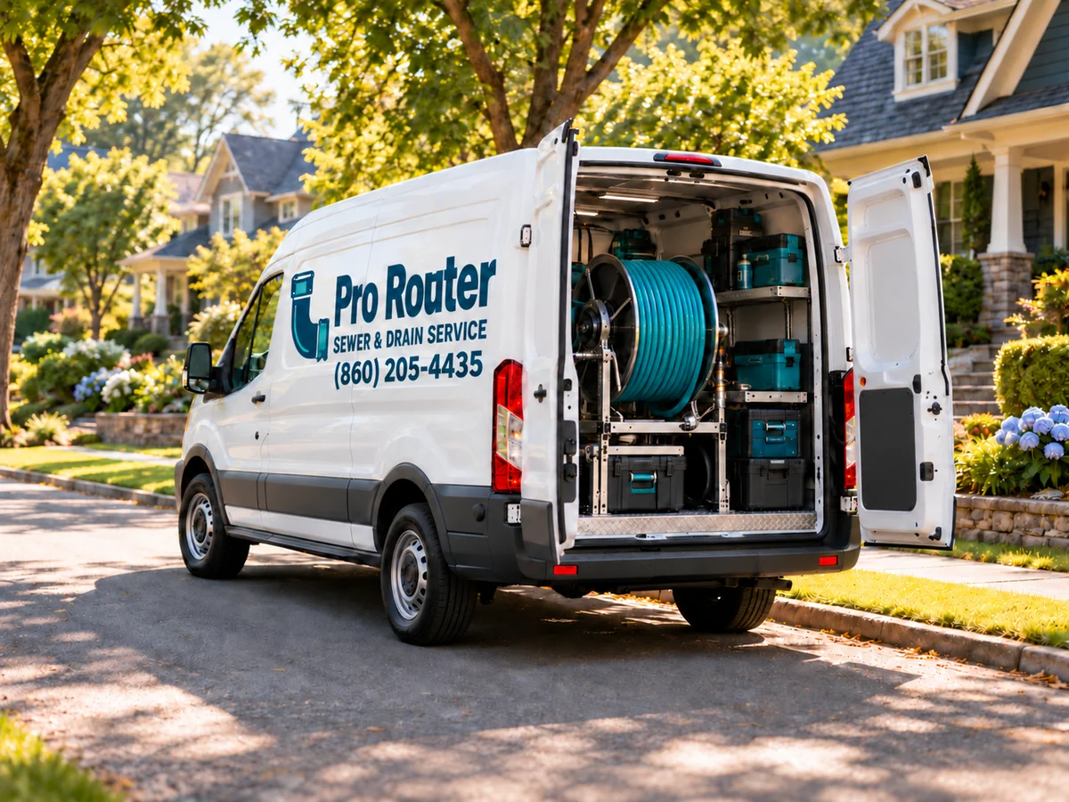 Illustrative image of a Pro Rooter sewer and drain service van in a residential neighborhood