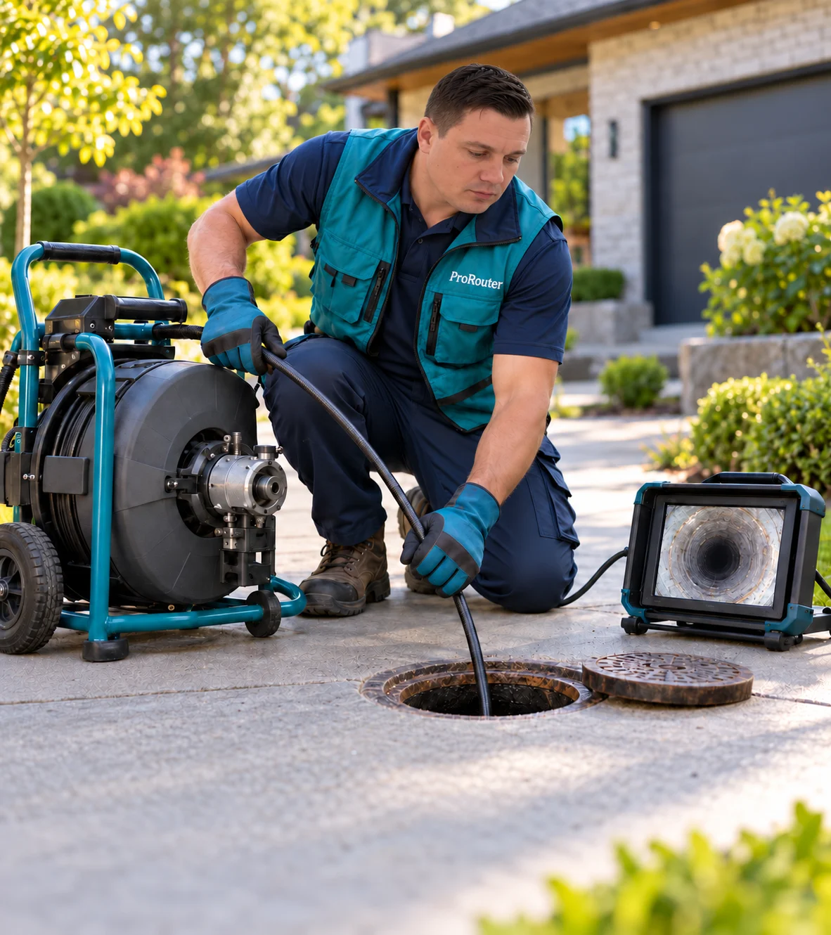 Illustrative image of a male technician cleaning a sewer drain with cable equipment
