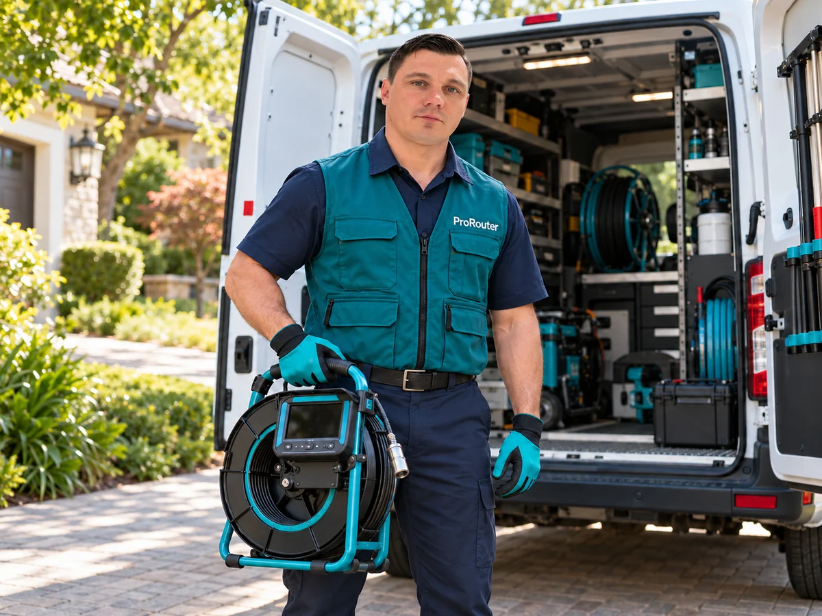 Illustrative image of a male sewer technician with inspection equipment beside a service van